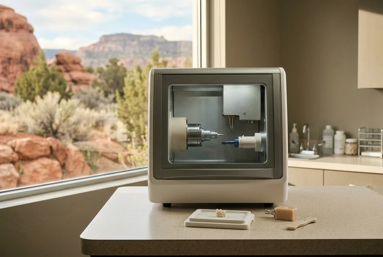 An in-office milling machine with a freshly milled ceramic crown