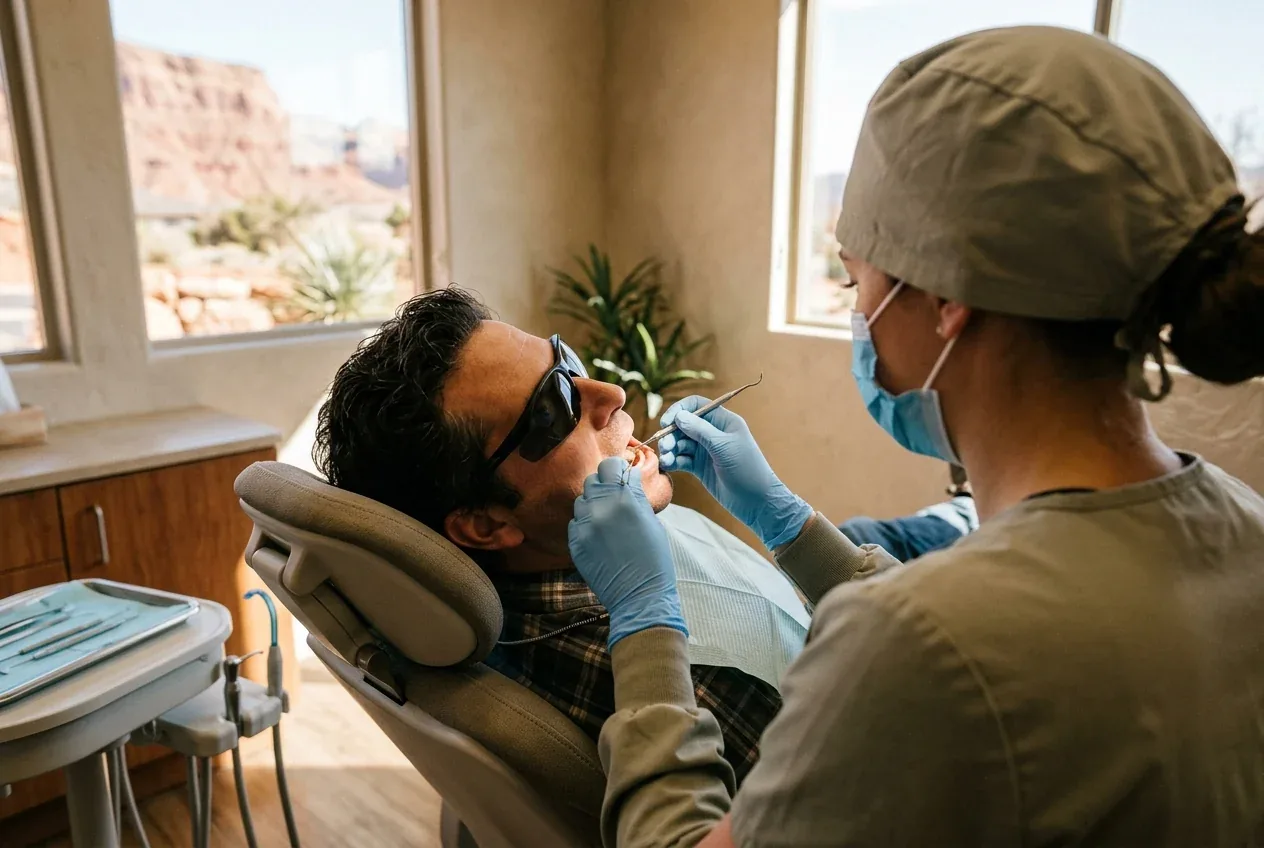 A hygienist cleaning a patient's teeth