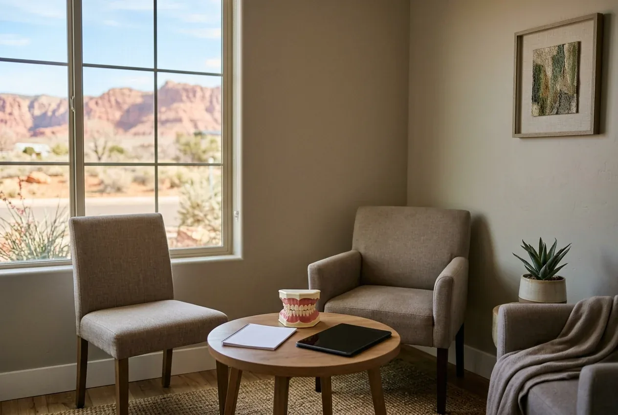 A quiet consultation corner with a jaw model