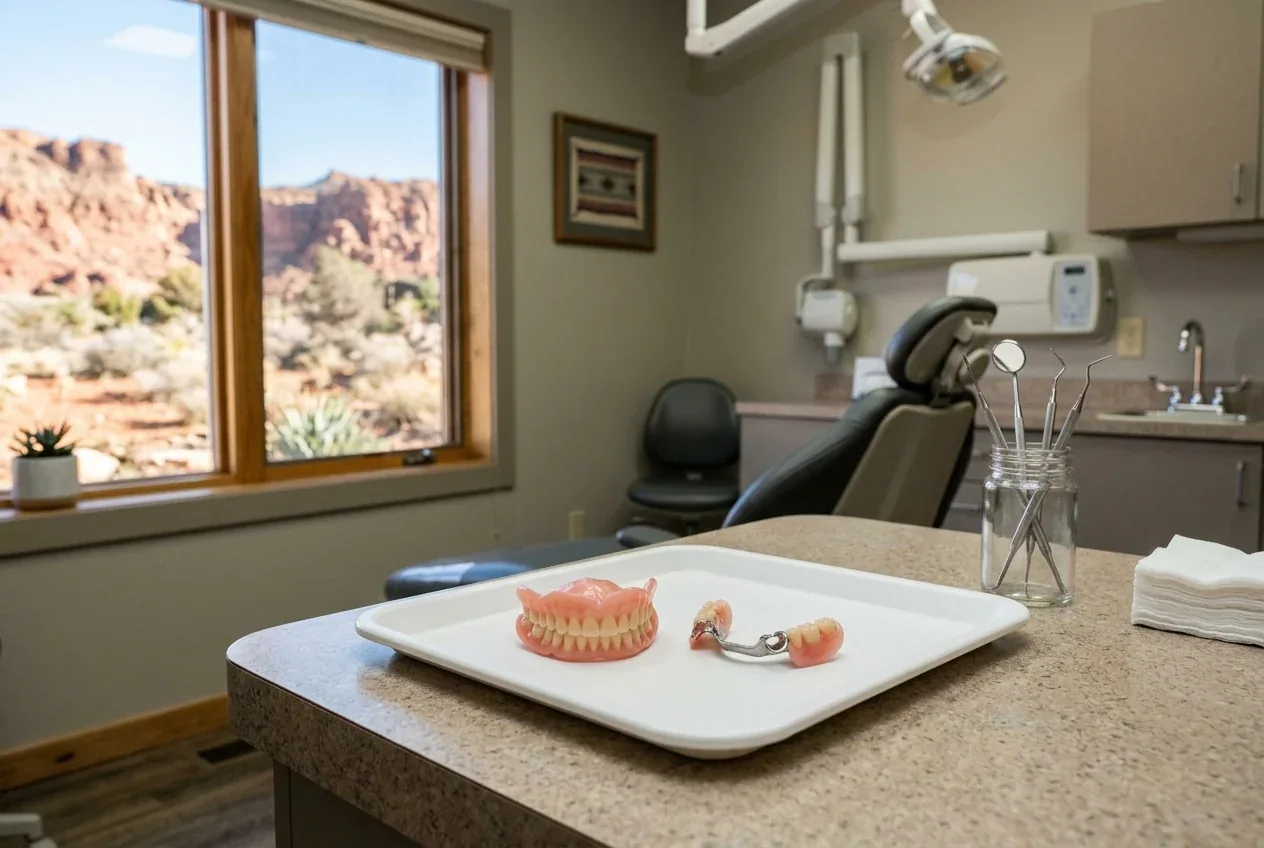 A full denture and a partial denture on a tray