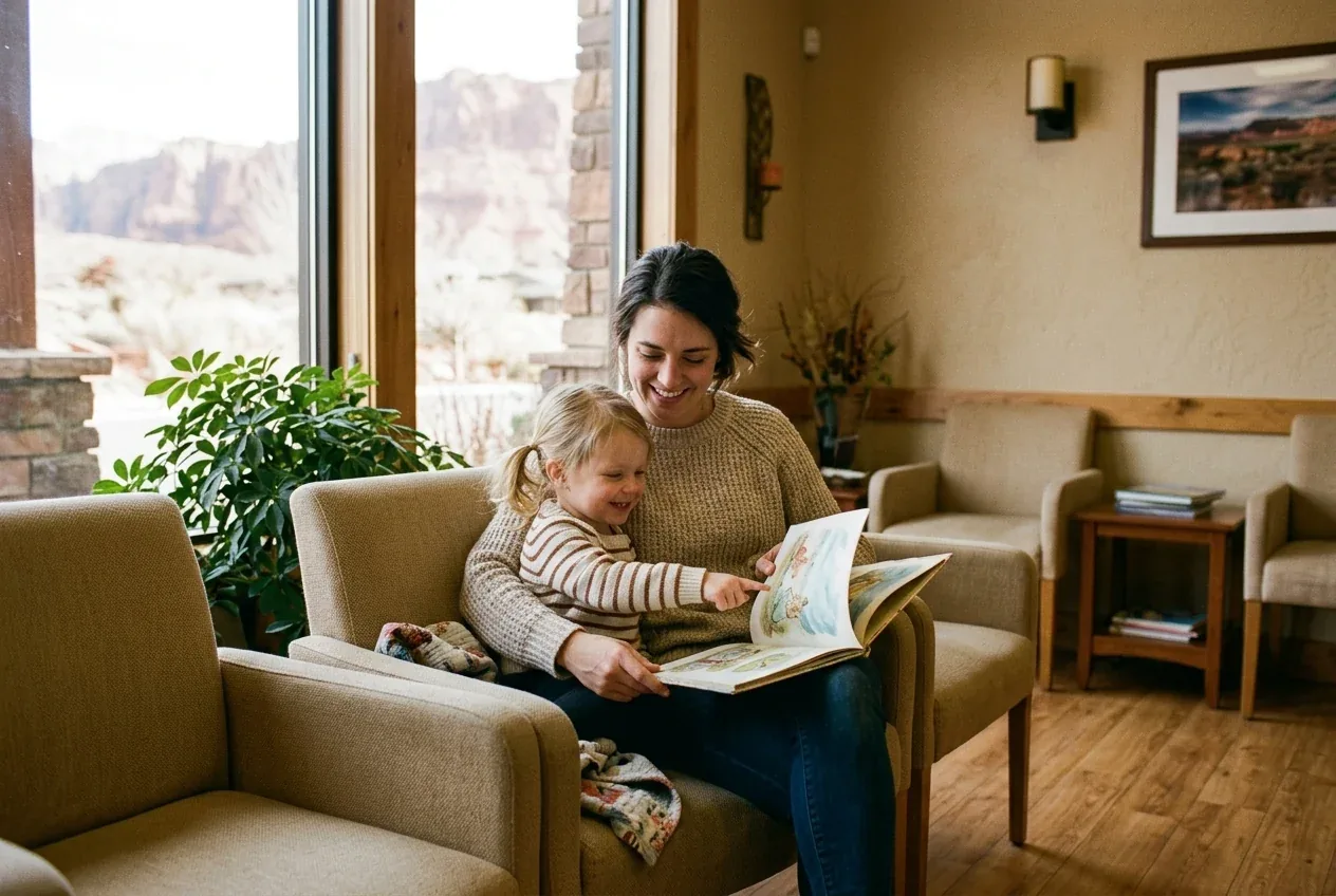 A parent and child reading in the waiting area