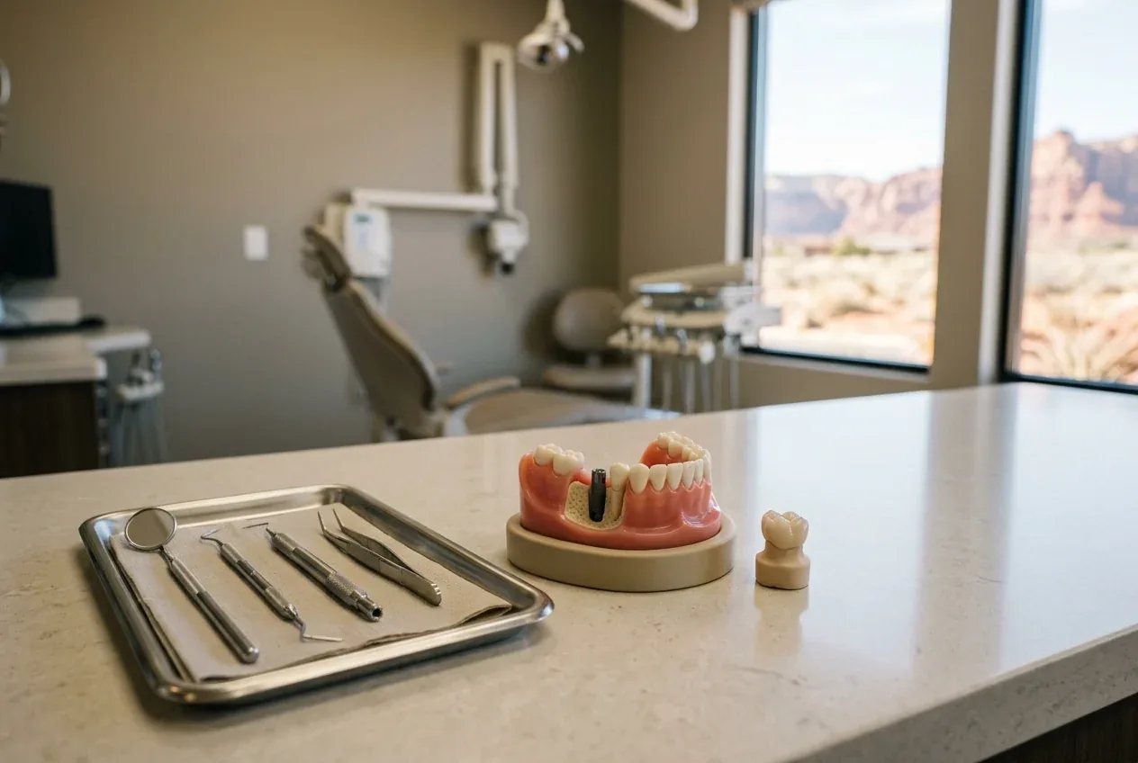 A dental implant model with a ceramic crown