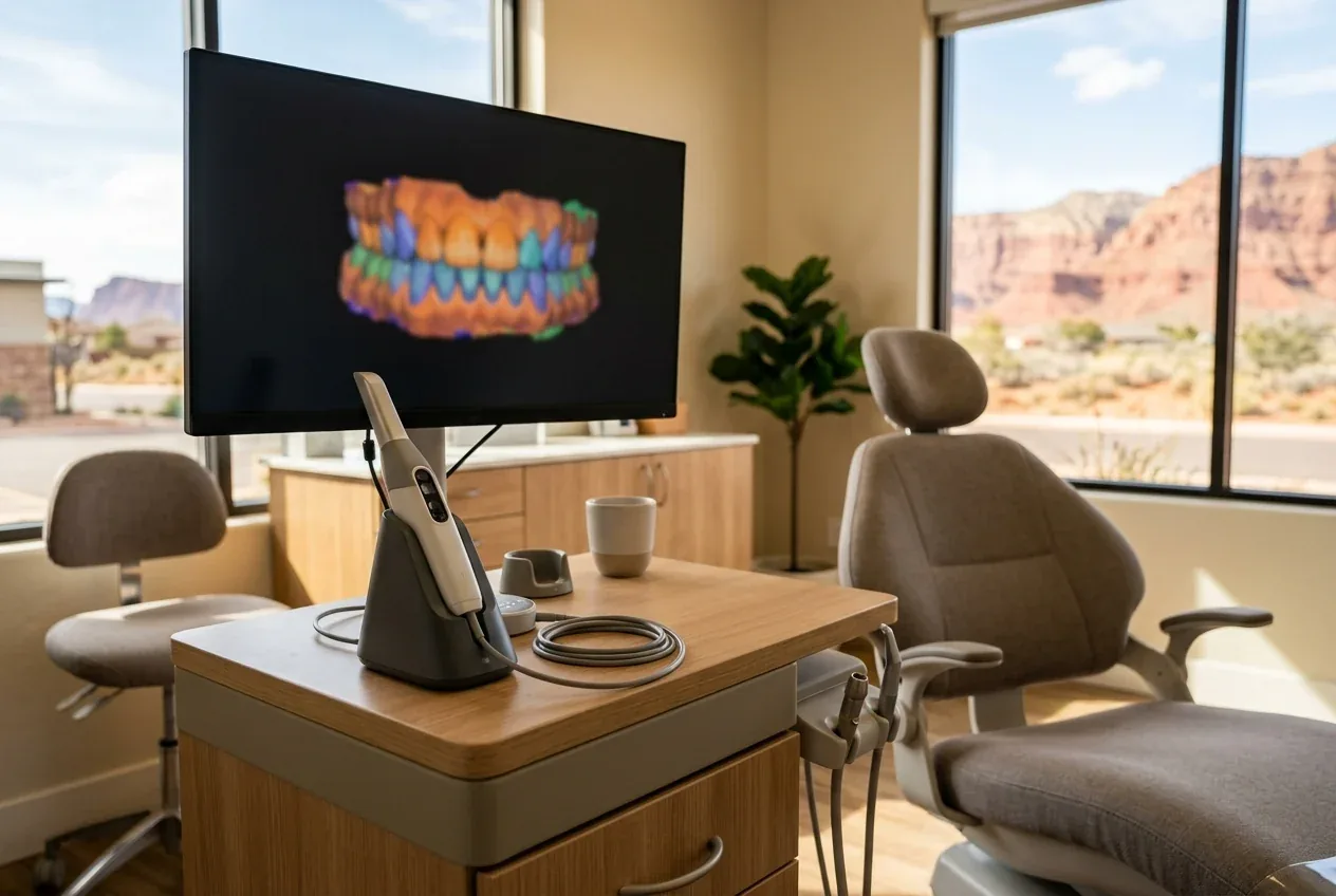 An intraoral scanner beside a dental chair