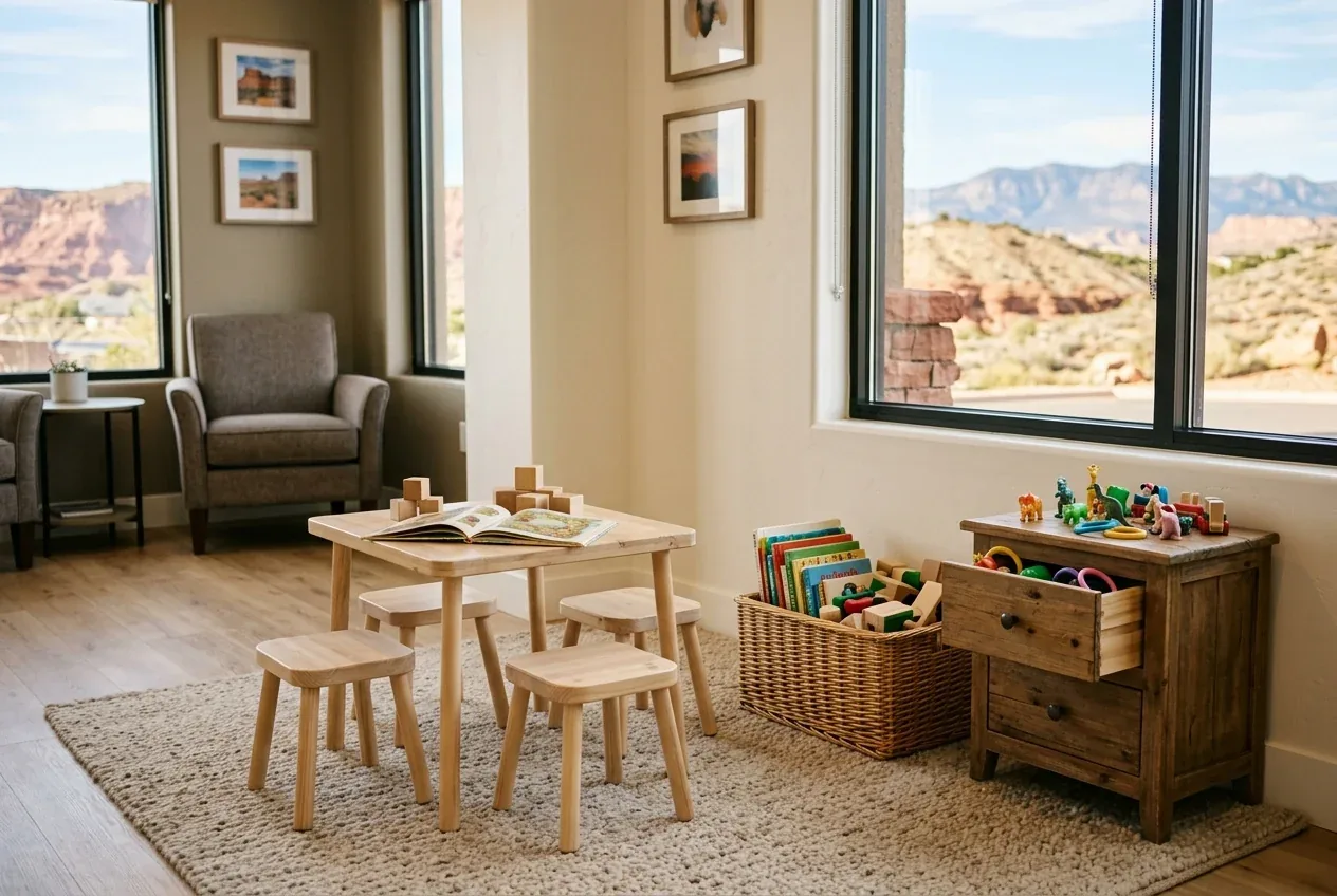 A kids' corner with books, toys and a prize drawer
