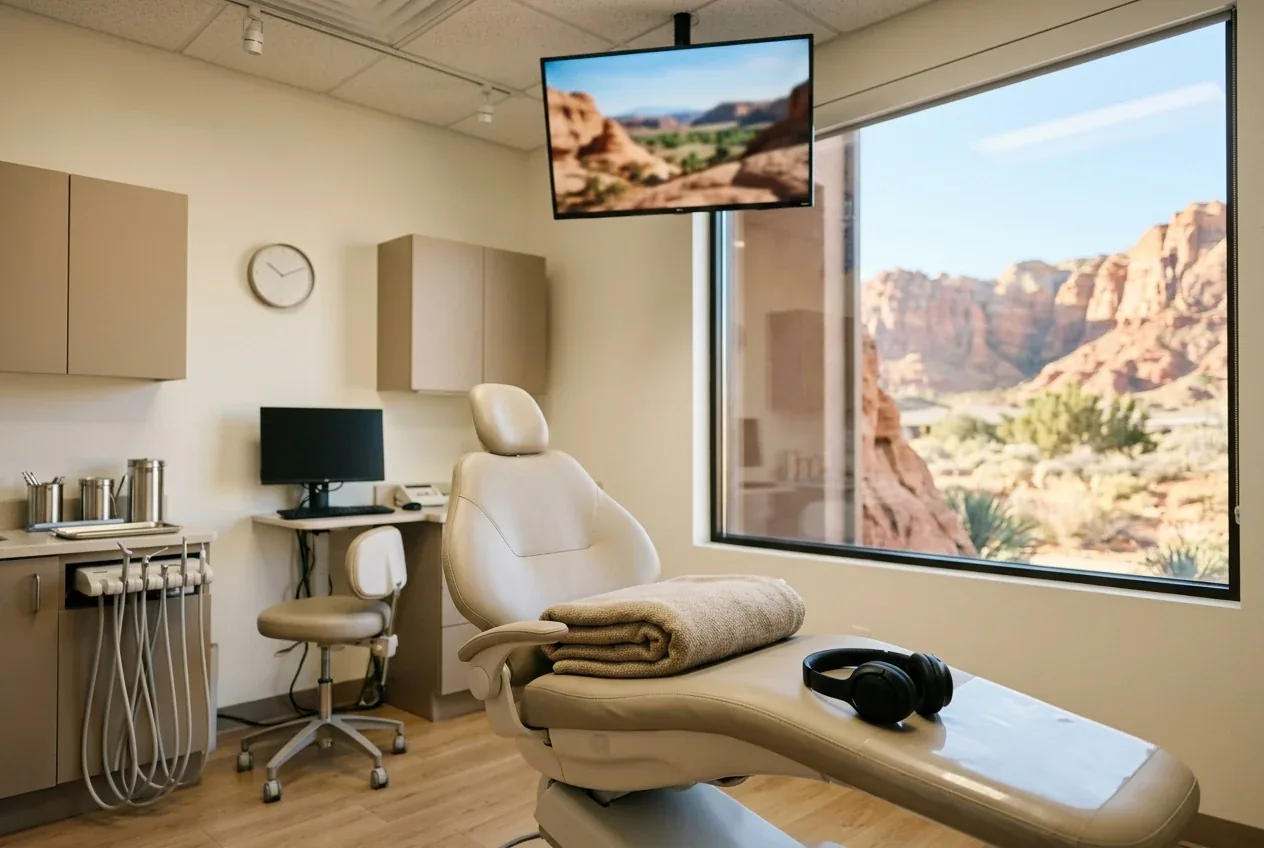 A treatment room with a blanket, headphones and a ceiling TV