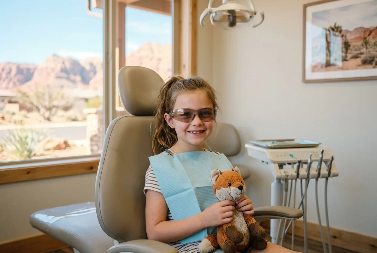 A child smiling in the dental chair